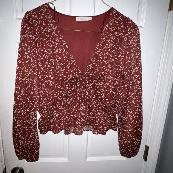 Lush Tops - Lush Long Sleeve V-Neck Cropped Blouse - Brick Red Cream Floral Ruffled Size XXL